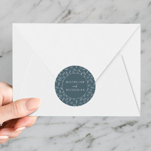 Sticker Rond Moderne Mariage Minimaliste Botanique Bleu Ardoise