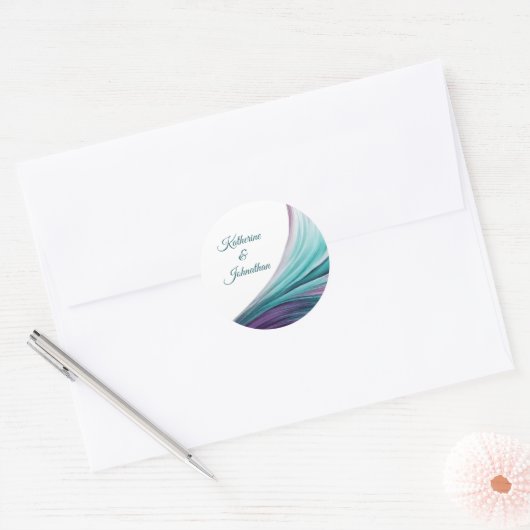 Sticker Rond Moderne Mariage-violet et Turquoise (Enveloppe)