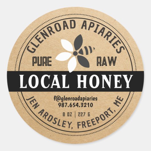 Sticker Rond Moderne Miel Stylisé Fleur Bee Kraft Noir (Devant)