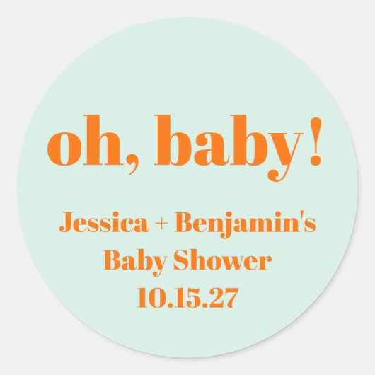 Sticker Rond Moderne Mint Mint Orange Baby shower Nom personnal (Devant)