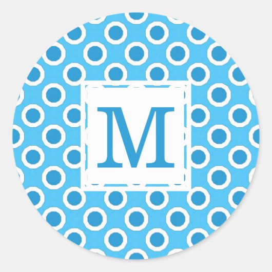 Sticker Rond Moderne Monogramme à Gros Points Bleus et Blancs (Devant)