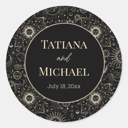 Sticker Rond moderne mystique céleste or noir chic mariage (Devant)