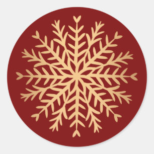Sticker Rond Moderne Noël Faux Or et Flocon de Neige Rouge