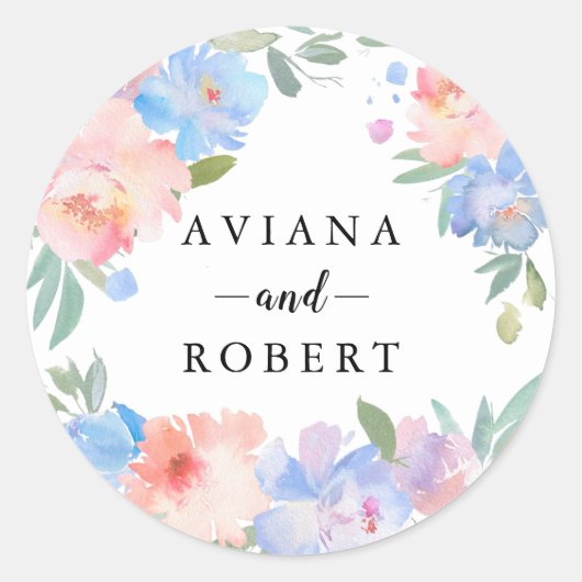 Sticker Rond Moderne Pastel Blue Rose Wreath Wedding Favor (Devant)