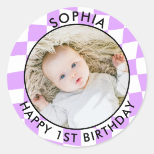 Sticker Rond Moderne Retro Happy 1er Anniversaire Vérification 