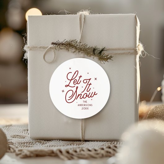 Sticker Rond Moderne Rétro Laisser Neige Script Noël | Red
