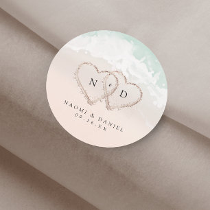 Sticker Rond Moderne Script Coeurs Monogram Beach Mariage Faveu