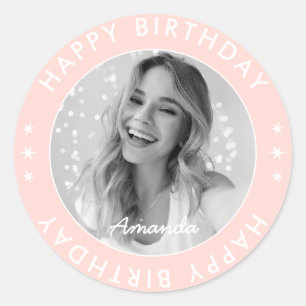 Sticker Rond Moderne Simple Mignon Rose Joyeux Anniversaire Pho