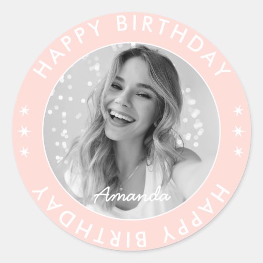 Sticker Rond Moderne Simple Mignon Rose Joyeux Anniversaire Pho (Devant)