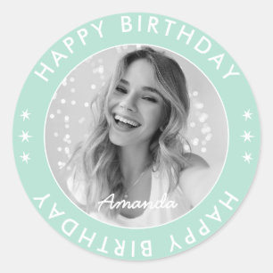 Sticker Rond Moderne simple Pastel Aqua Bonne photo d'anniversa