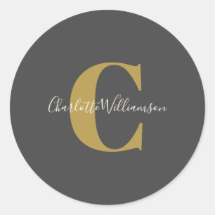 Sticker Rond Moderne Stylish Calligraphie Monogramme Black Gold