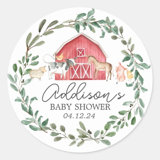 Sticker Rond Moderne sur le Baby shower agricole Invitation (Devant)