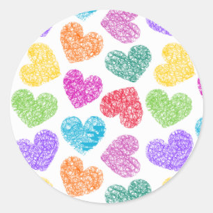 Sticker Rond Moderne Vibrant Rainbow Doodle Hearts mignon Motif
