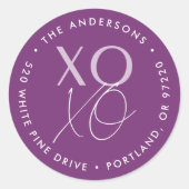 Sticker Rond Moderne XOXO Purple Valentine's Day Adresse de ret (Devant)