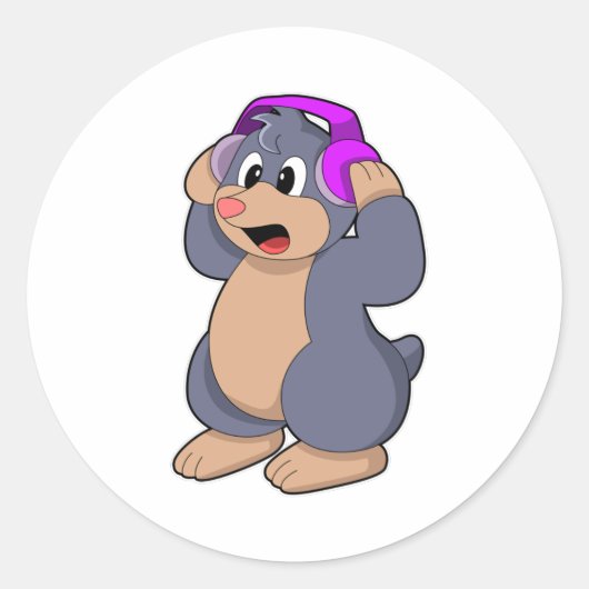 Sticker Rond Mole à la musique avec casque (Devant)