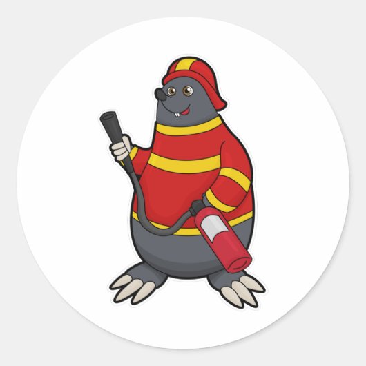 Sticker Rond Mole en pompier avec extincteur (Devant)