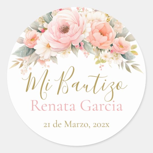 Sticker Rond Mon Baptême fleurs roses (Devant)