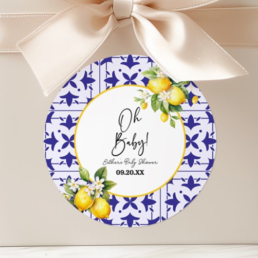Sticker Rond Mon bébé ! Carrelage bleu méditerranéen Baby showe