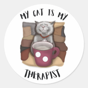 Sticker Rond Mon chat est Mon Thérapeute. Café