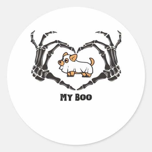 Sticker Rond Mon Costume Boo Chihuahua Avec Mains Coeurs Squele (Devant)