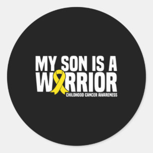 Sticker Rond Mon fils est un guerrier jaune Ruban Cancer de l'e