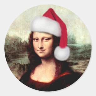 Sticker Rond Mona Lisa Chapeau de Père Noël Noël