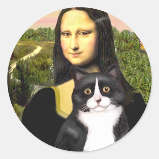 Sticker Rond Mona Lisa - chat noir et blanc (Devant)