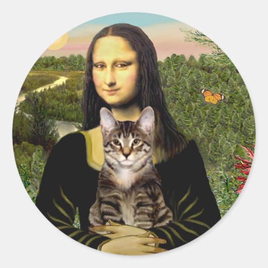 Sticker Rond Mona Lisa - Chat tigré tabby marron (Devant)
