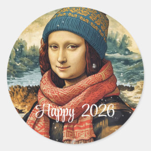 Sticker Rond Mona Lisa en bonnet - Joyeux 2026