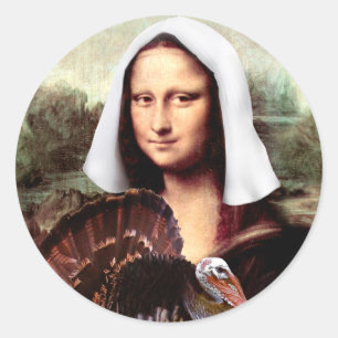 Sticker Rond Mona Lisa Pèlerin de Thanksgiving avec dinde