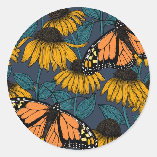 Sticker Rond Monarch butterfly on yellow coneflowers (Devant)