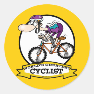 STICKER ROND MONDE LE PLUS GRAND CYCLISTE CARTOON HOMME