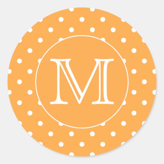 Sticker Rond Mongram de Custom. Orange et blanc Polka Dot. (Devant)