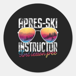 Sticker Rond Moniteur Apres Ski Premier Cours Gratuit Drôle Ski