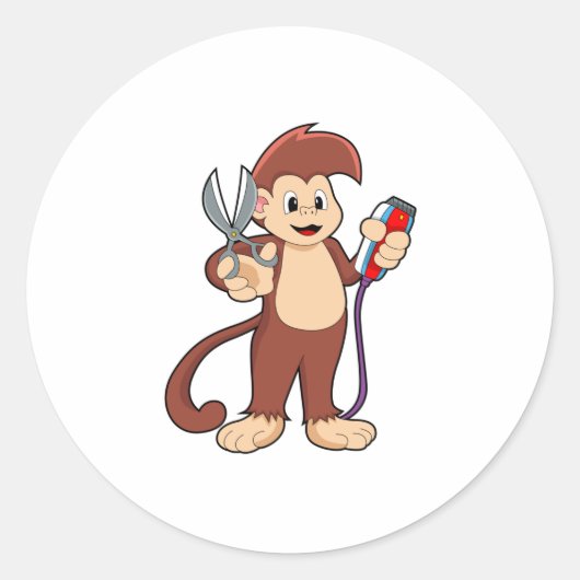 Sticker Rond Monkey as Hairdresser with Scissors & Razor (Devant)