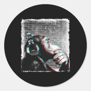 Sticker Rond Monkey Chimp Avec Casque Chemise - Edm Dj Music