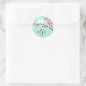 Sticker Rond Monnaie verte et rose cerisier en fleurs Mariage m (Sac)