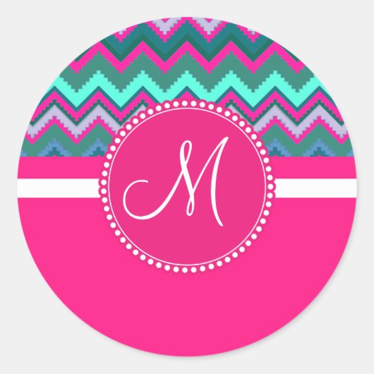 Sticker Rond Monogram Aqua Turquoise bleu rose Tribal Chevron Z (Devant)