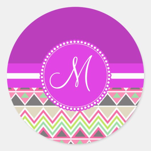 Sticker Rond Monogram Aztec Andes Tribal Mountains Chevron (Devant)