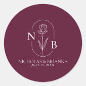 Sticker Rond Monogram Burgundy Minimalist Modern Wedding (Devant)