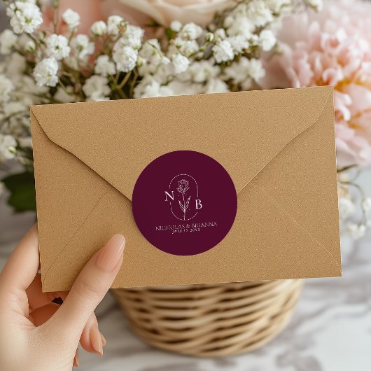 Sticker Rond Monogram Burgundy Minimalist Modern Wedding