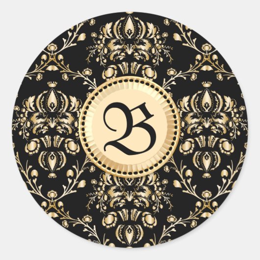 Sticker Rond Monogram Classy Elegant Gold Damask Medieval Black (Devant)