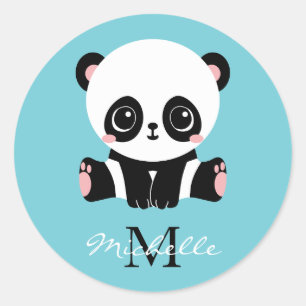 Sticker Rond Monogram Cute Panda Personnalisé Bubble Gum Bleu