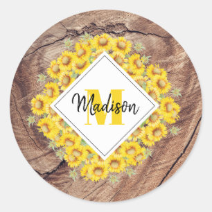 Sticker Rond Monogram de Rustic Sunflowers & Wood Texture