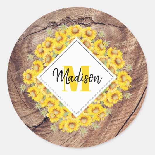 Sticker Rond Monogram de Rustic Sunflowers & Wood Texture (Devant)