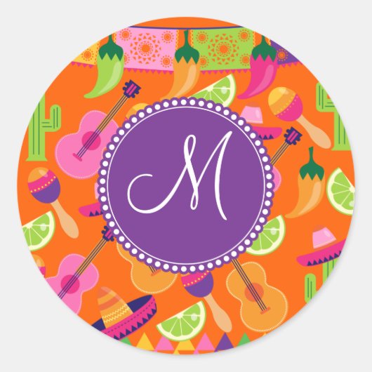 Sticker Rond Monogram Fiesta Party Sombrero Cactus Lims Poivre (Devant)
