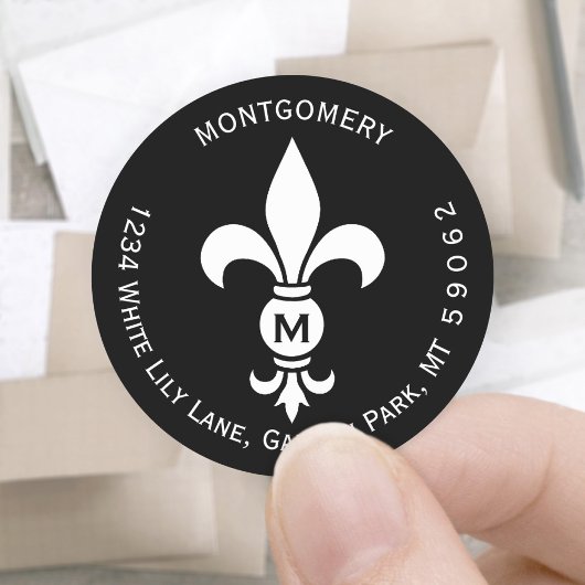 Sticker Rond Monogram Fleur De Lis Circle Retourner Adresse Éti