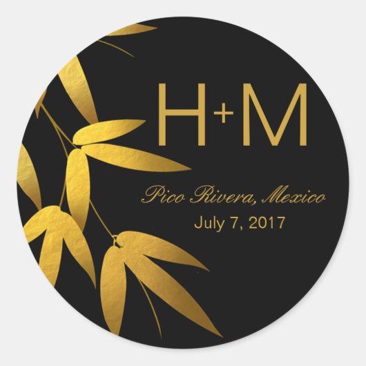Sticker Rond Monogram Glam Bamboo Feuille Gold Foil | noir (Devant)