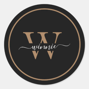 Sticker Rond Monogram Gold Minimal Élégant noir Nom de script
