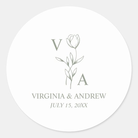 Sticker Rond Monogram Green Minimalist Boho Wedding  (Devant)
